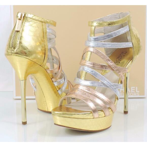 Michael Kors Maddie Dress Platform High Heels Sandals Rose Gold Multi - Picture 3 of 11